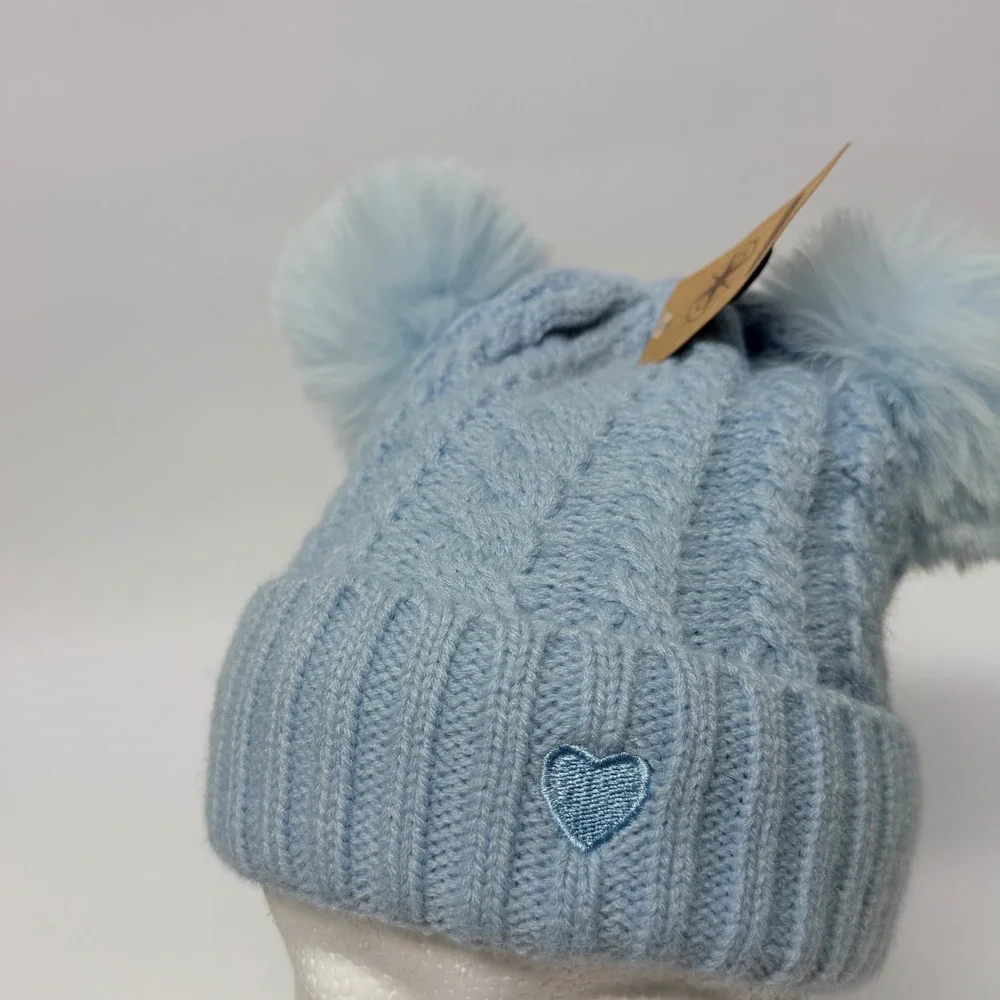 James Paul Youth Light Blue Cable Knit Double Pom Beanie Heart Detail New